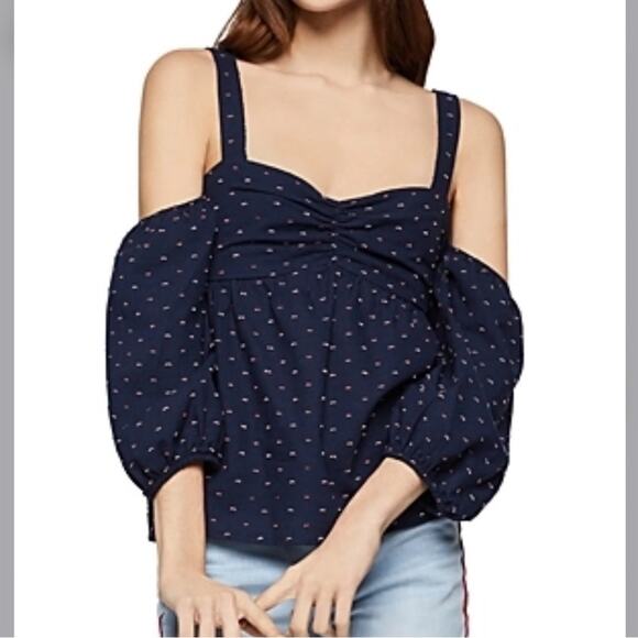 BCBGeneration Blue Swiss Dot Cold Shoulder Blouse NWT XS - Picture 1 of 8
